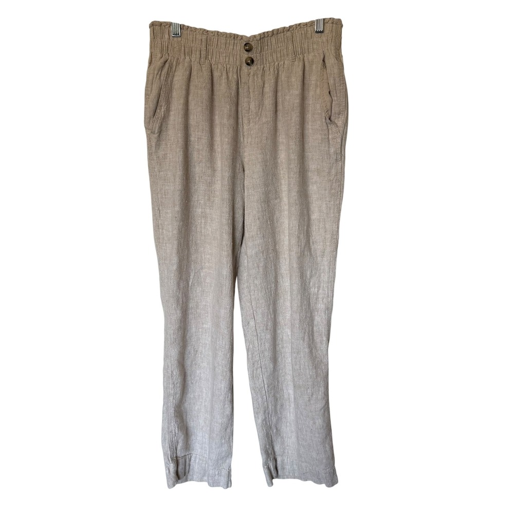 Briggs Linen Blend Pants Women Size M Oatmeal Good Elastic Paperbag Waist High